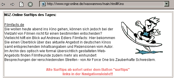 Surftip des Tages bei NGZ-Online am 26.02.1999